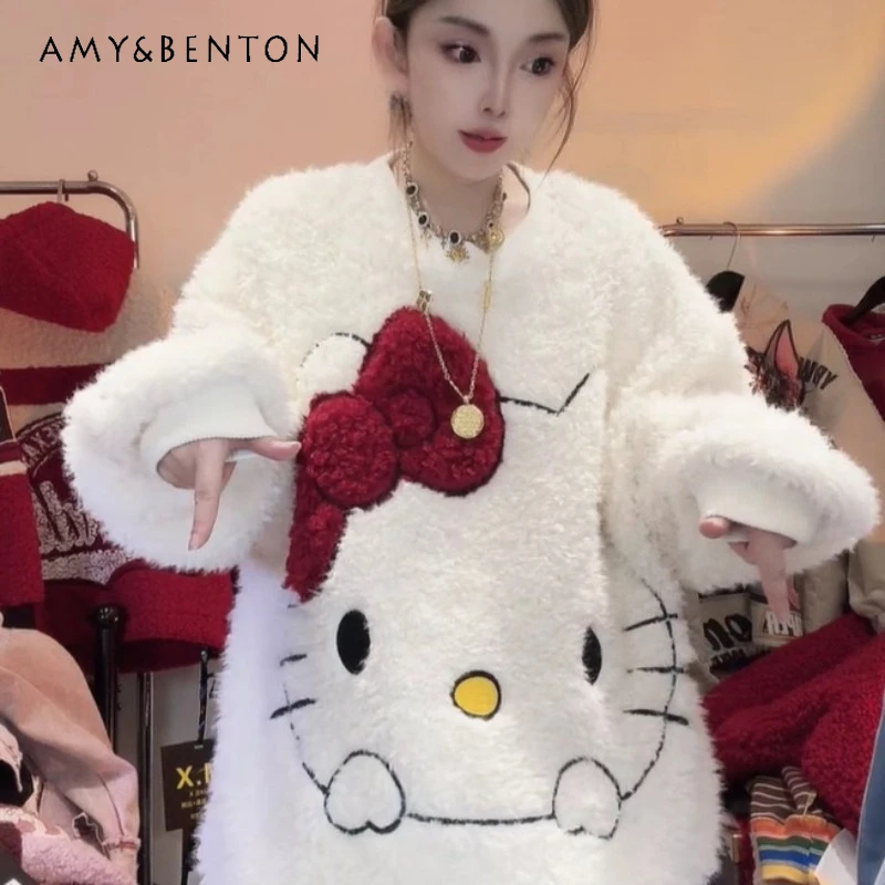 

2025 Autumn And Winter Plush Sweatshirt For Ladies Sweet Cute Cartoon White Hoodies Oversized O-neck Hoodies Women's Clothing