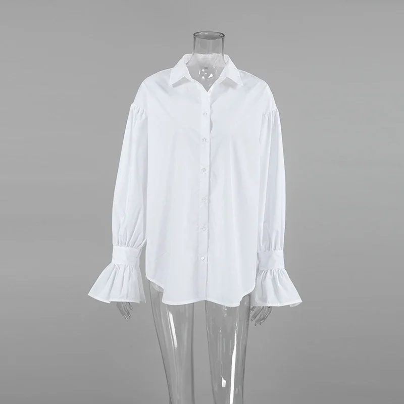 Fmxires Women's Cotton Long Sleeve Shirt 2025 Spring New Elegant Office Lady Lapel Top Loose Fashion Buttons Flare Sleeve Blouse