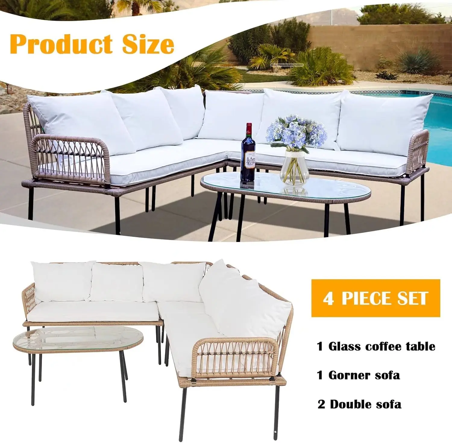 Water-Resistant Pátio Setonal Móveis Set, Boho Rope, Pátio Porch, Outdoor e Indoor Wicker Corner Sofá, Bege, 4 pcs