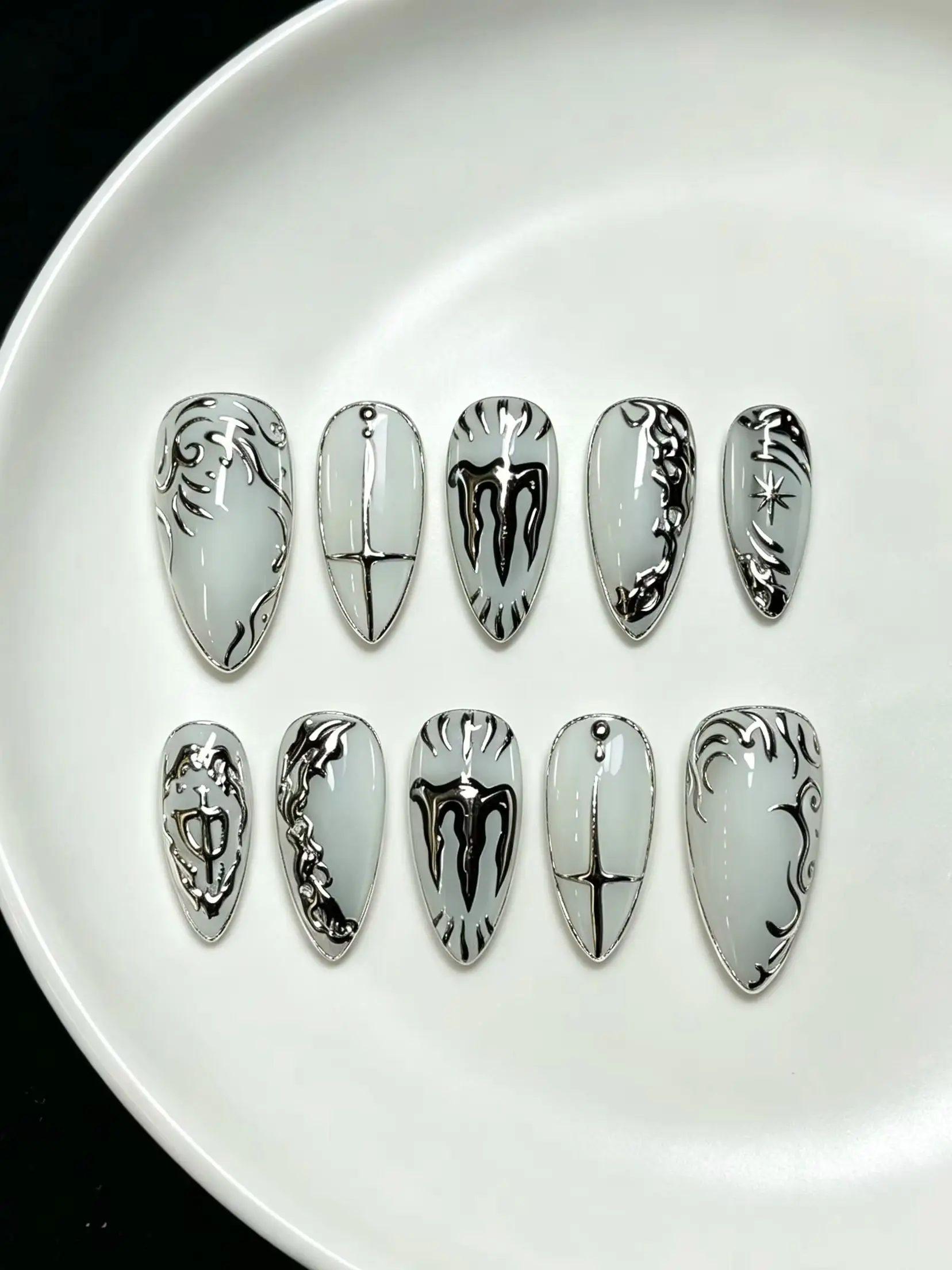 10-Piece Set of Cool Silver Dark Totem Cross Almond-Shaped Fake Nail Stickers