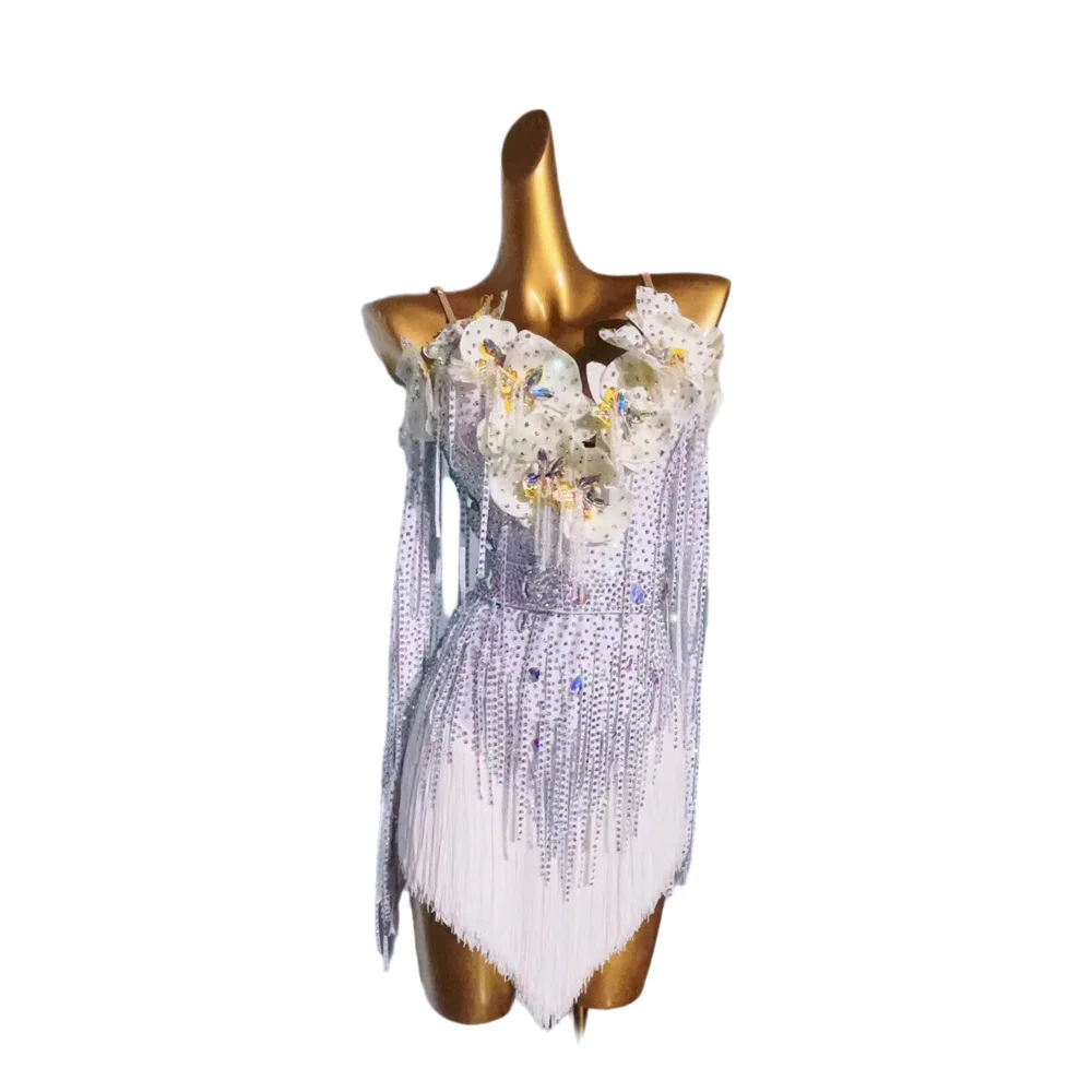 Latin Dance Adult And Children'S Dress AB Stone High-End Custom White Flower Collar Precisely Tango Women'S ProfessionalClothing