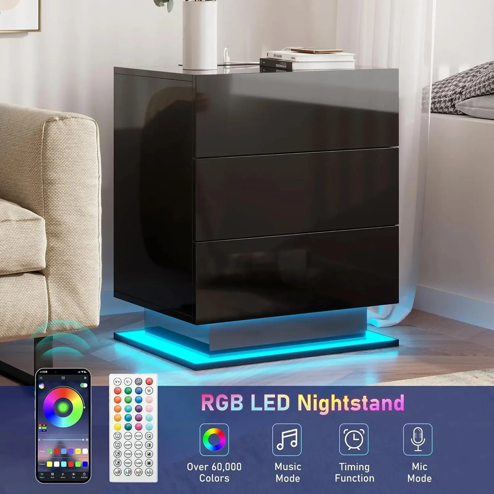 

USLED Bedside Table with Charging Station3 Drawer Side Table High Gloss Bedside Table-