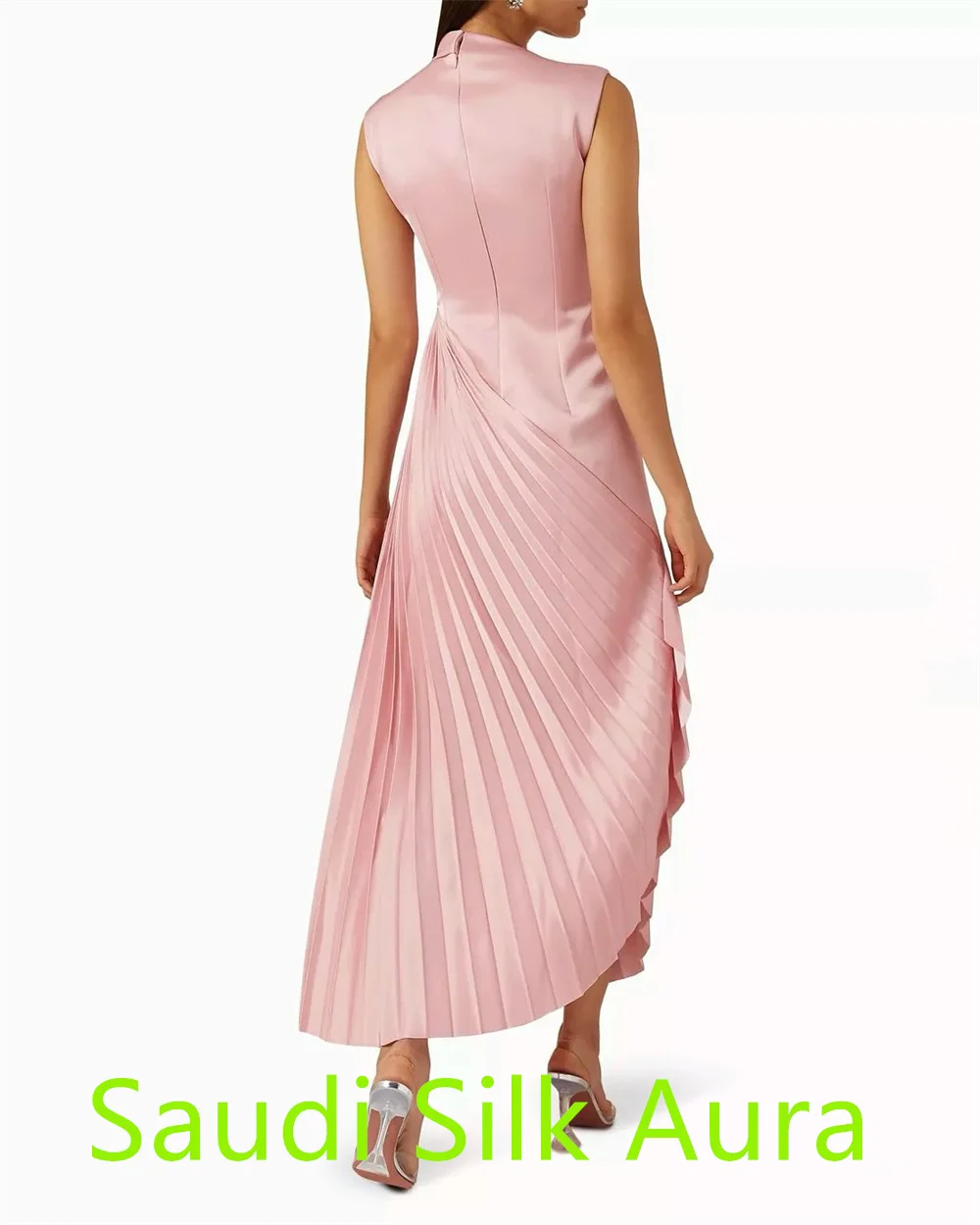 Aangepaste luxe roze satijnen homecoming-jurk Temperament Ronde hals Kapmouw Lange mouwen Ruches Rits Terug Feestjurk