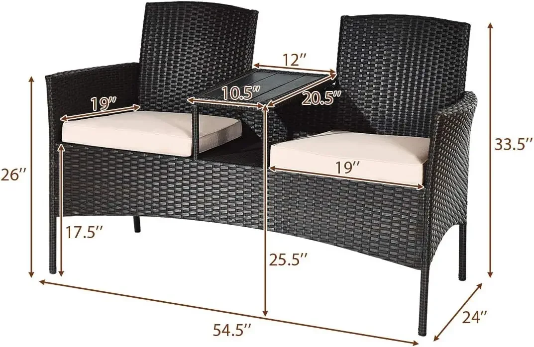 Outdoor Rotan Loveseat, Patio Conversatie Set Met Kussens En Tafel, Moderne Gepatenteerde Rieten Sofa Set Met Ingebouwde Salontafel