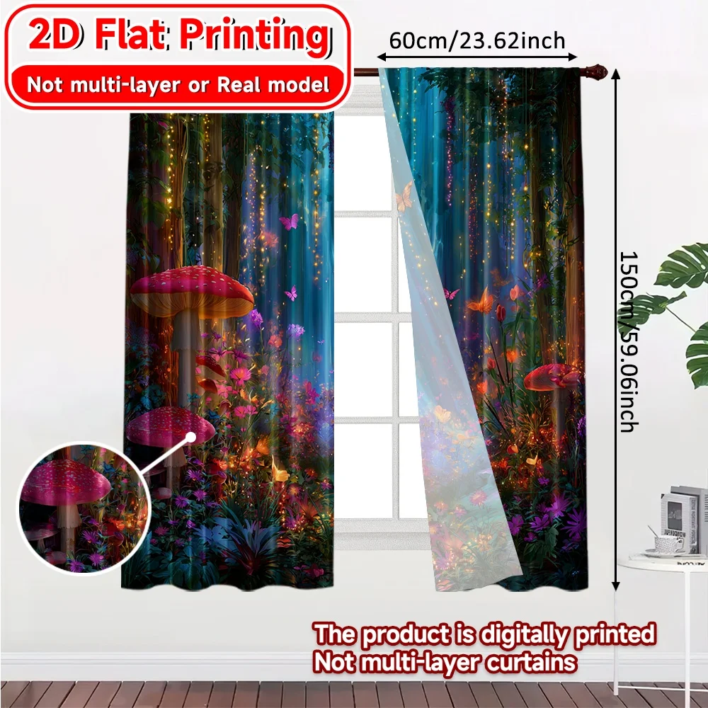 2D Flat Printing,2pcs Enchanted Glade Light Filtering Modern Curtains Durable Polyester Curtains Decorations For Home Ldeal for