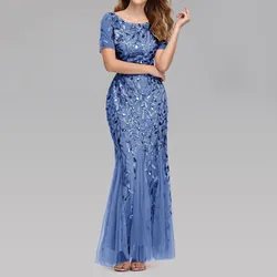 Luxury Women Sequin Mesh Evening Dresses Elegant New Years Maxi Dress Round Neck Glitter Floral Party Long Dress Robes Longues