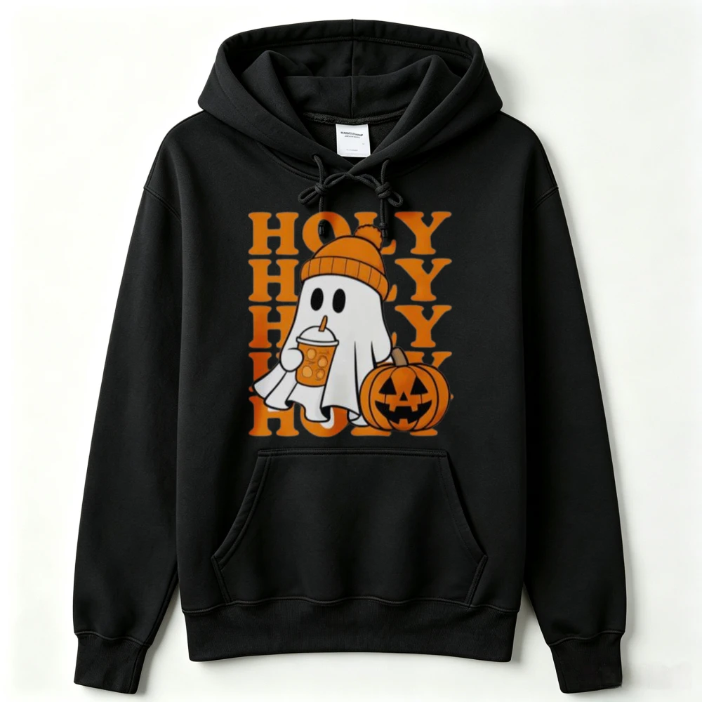 Holy Cute Ghost Pumpkin Spice Latte Graphic Hoodie Unisex Hooded Sweatshirt Halloween Fall Season Long Sleeve Casual Pullover view 6