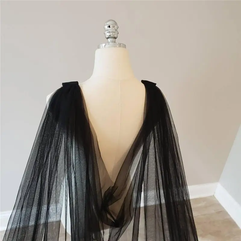 Real Image Black Wedding Wraps Soft Tulle Cape 3M With Train Lace Appliques Bridal Accessories Handmade Jacket