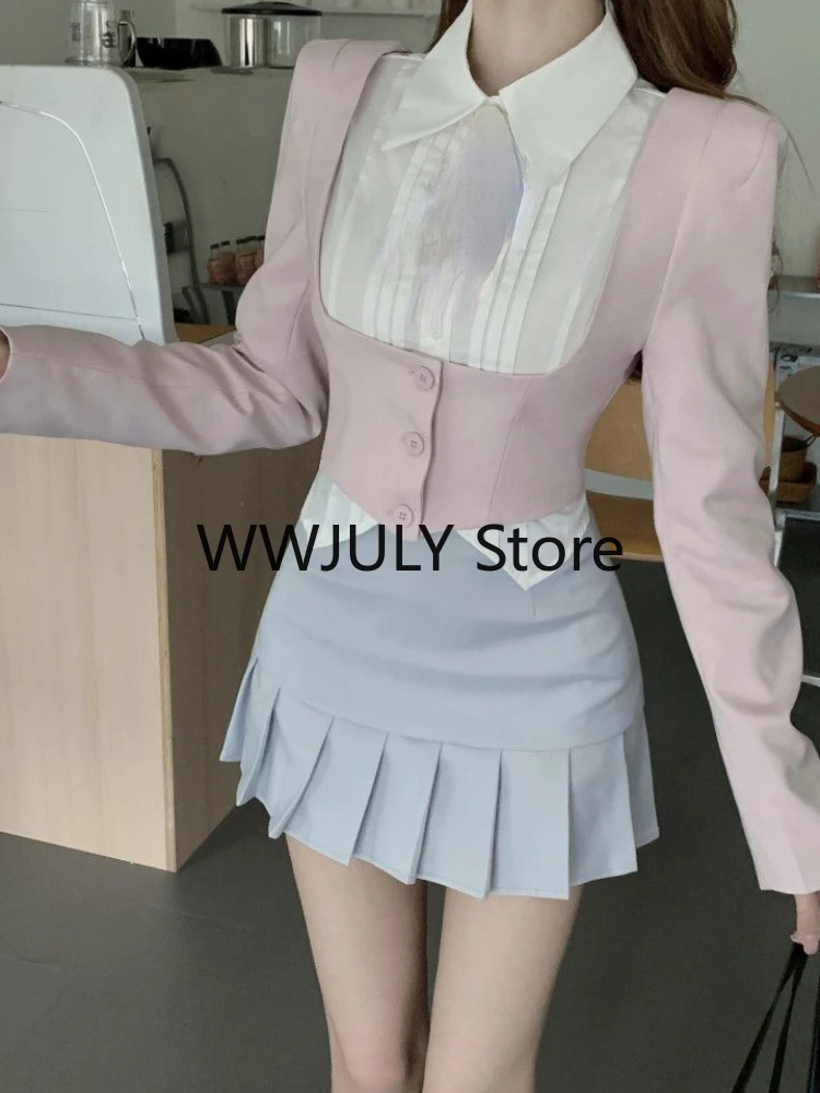 Fashion 3 Piece Set Skirt Woman Kawaii Uniform Suit Casual Shirt + Pink Short Tops + Slim Y2k Mini Skirt Japanese 2023 Autumn