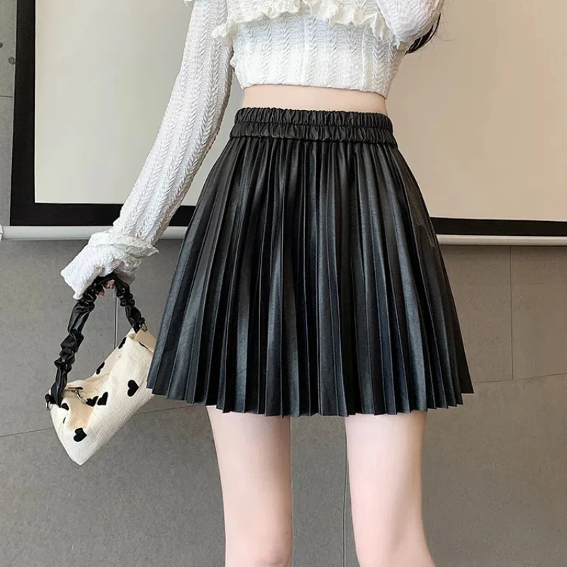 

Black PU Leather Pleated Mini Skirt Women New Autumn Winter Fashion High Wasit A-line Short Skirts Ladies Casual Leather Skirts