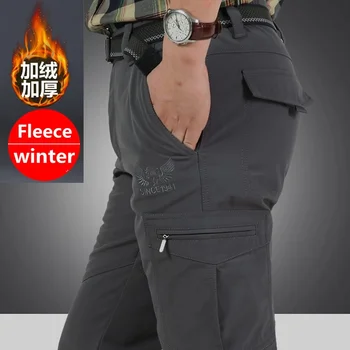 ฤดูหนาวหนาขนแกะยืดสบายๆกางเกงผู้ชายทหาร SoftShell กันน้ําความร้อน WARM Cargo ยุทธวิธีกางเกง PLUS ขนาด 4XL