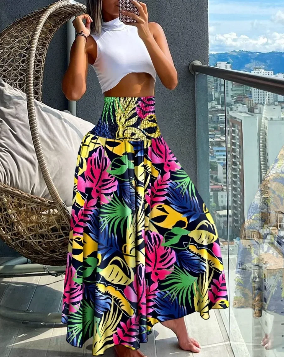 Damen Maxirock mit Smok-Details, hoher Taille und Paisley-Print – Fließender A-Linien-Rock für Strandurlaub und Freizeit – Detail 9