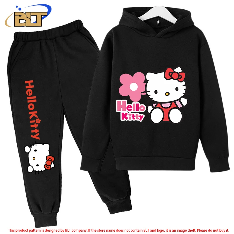 HeIIoKitty children's fleece hoodie set black sports sweatshirt pants 2-piece set suitable for boys and girls