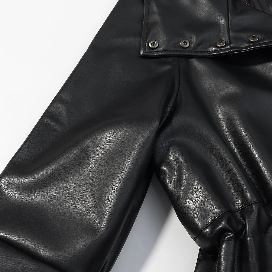 Giacca in pelle nera bella Giacca da donna doppiopetto alla moda versatile casual con coulisse in vita