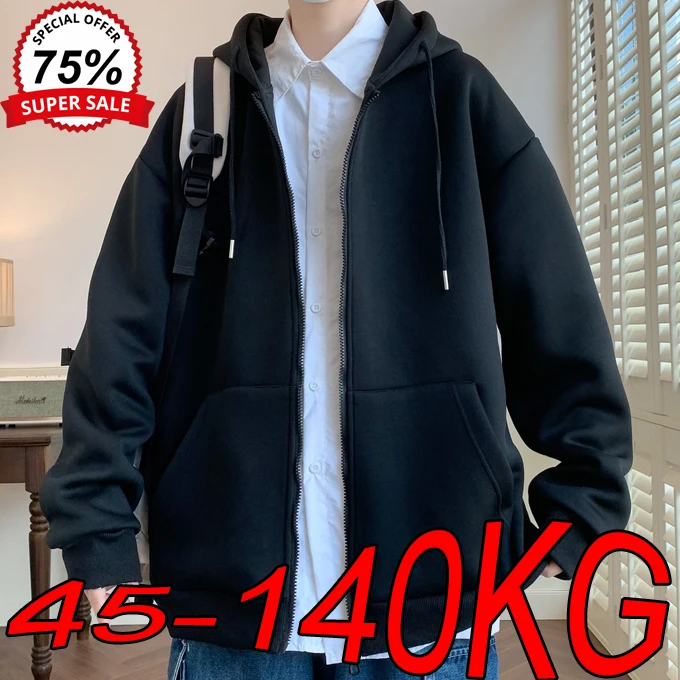 M-8XL Plus Size Men's Cardigan Jackets Autumn Winter Heavy Long-sleeved Solid Color Sweatshirts Large Size Loose Hoodies Coats