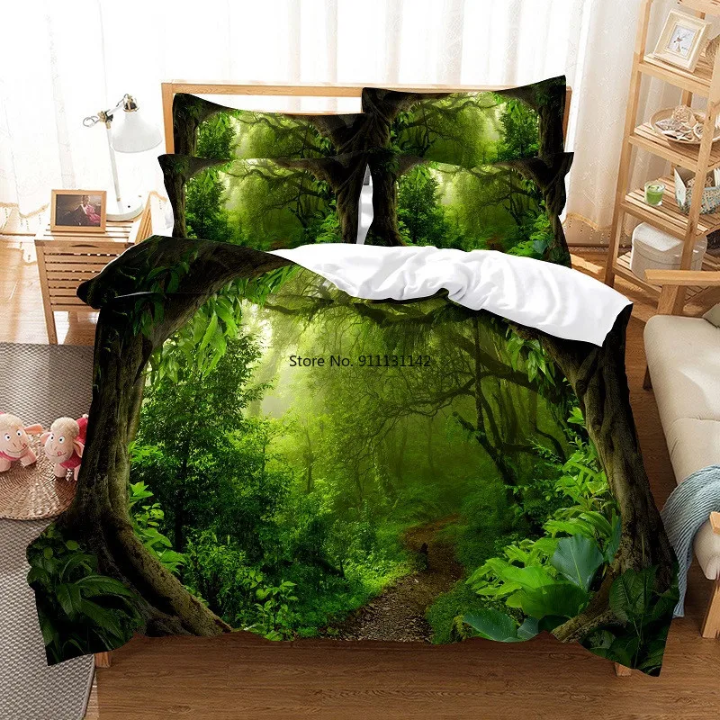 Modern Green Forest Landscape Digital Printing Bedding Set 3D Fashion Design Down Bed Cover Pillowcase 2-3 Pieces Home Textile