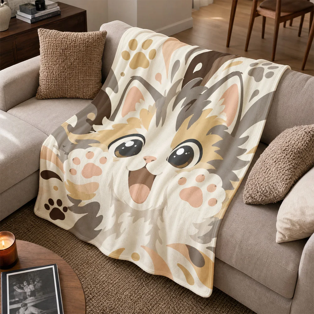 Cute Cat Face Throw Blanket Sofa Decor Plush Fuzzy Throw for Living Room Couch Winter Summer Gift for Cat Lovers Home Accent