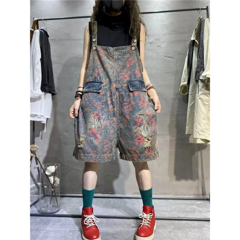 Denim Jumpsuit Women Vintage Korean Style One Piece Outfit Casual Loose Printed New Summer Clothing for Women Knee Length Jeans