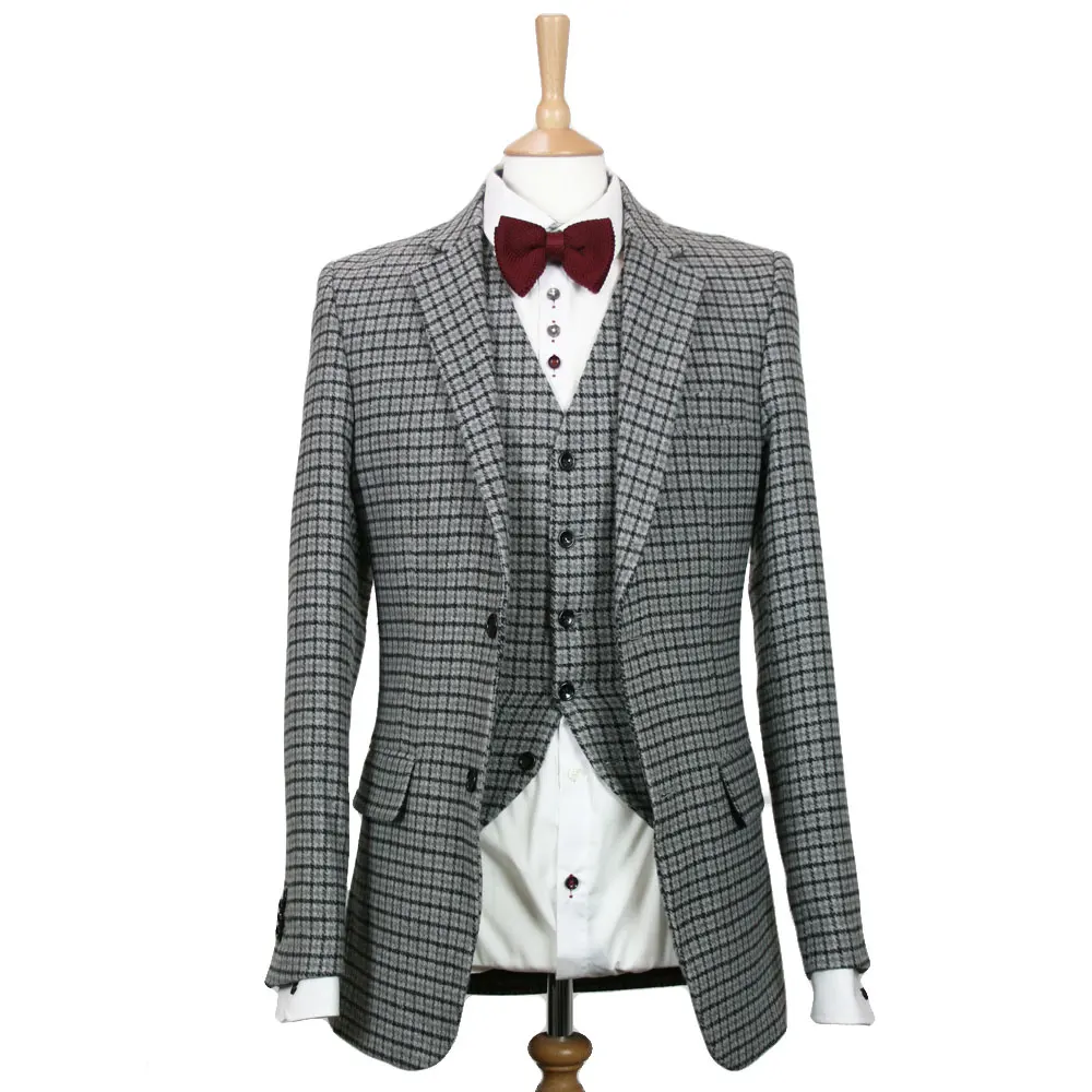 Men's 3-Piece Suit Single Breasted Houndstooth Jacket Vest and Black Pants for Business Dinner