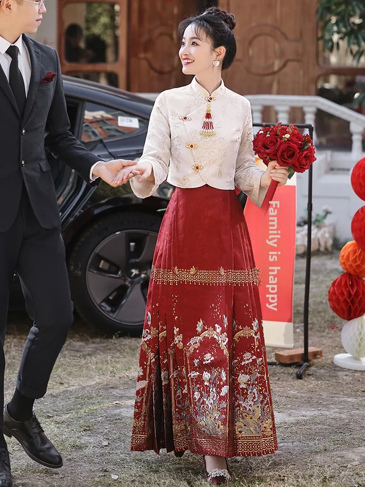 

Красное свадебное платье-комплект для невесты, новое, в китайском стиле, с длинными рукавами, в пол, с воротником-стойкой и молнией, для свадьбы и...