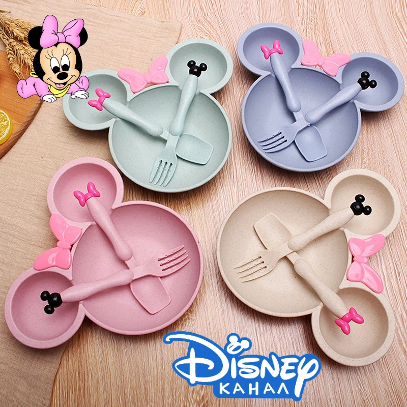 Disney Mickey Maus kinder Geschirr Set Schüssel Löffel Gabel Baby Platte Infant Fütterung Ausbildung Besteck Anti Fallen Geschirr