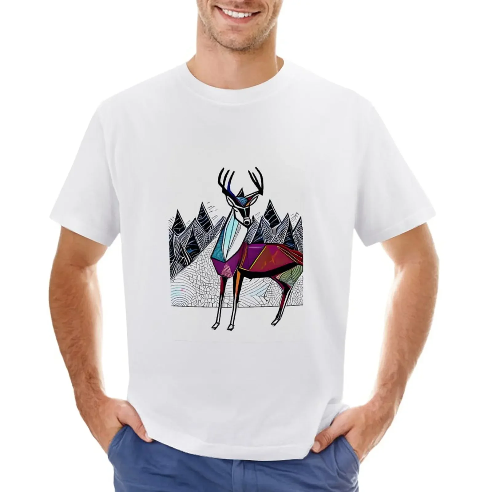 Deer Deer in wild forest lovely animal at outdoor nature setting of rainbow color abstract painting cyan red blue w T-Shirt 2024