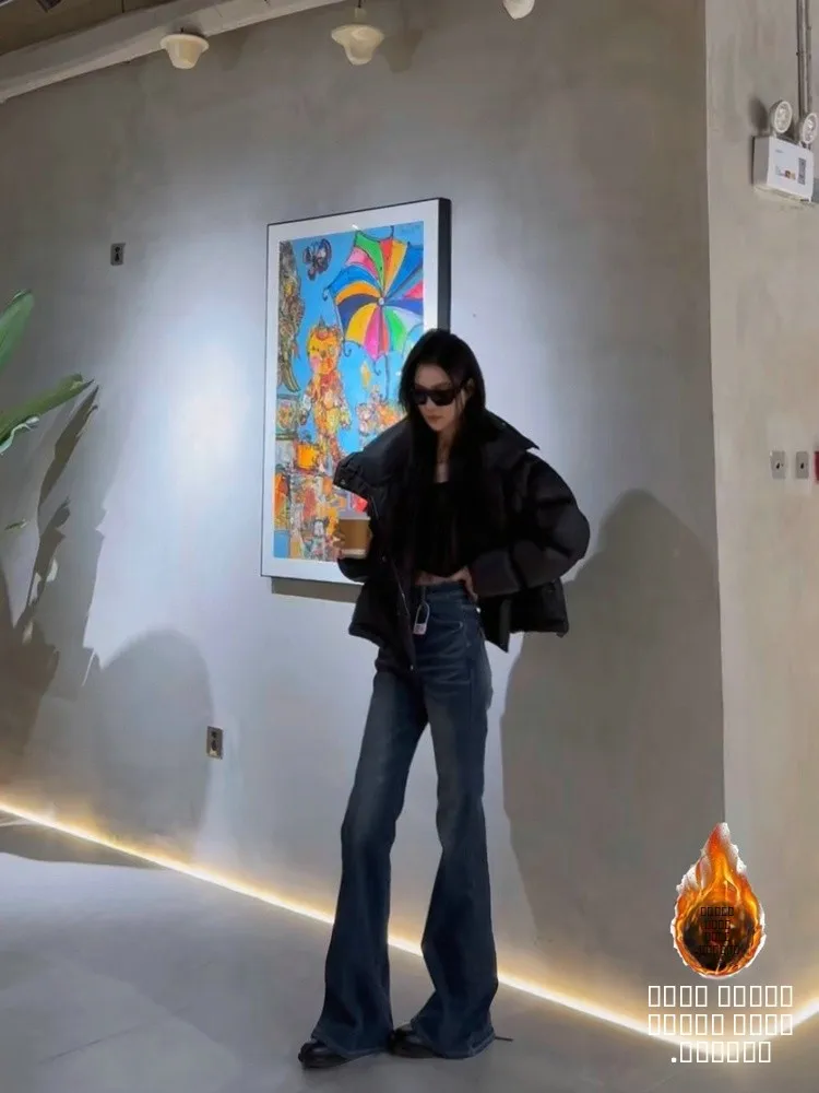 

Женские зимние утепленные джинсы больших размеров с высокой талией, облегающие, длинные, расклешенные, из денима, для женщин, теплые