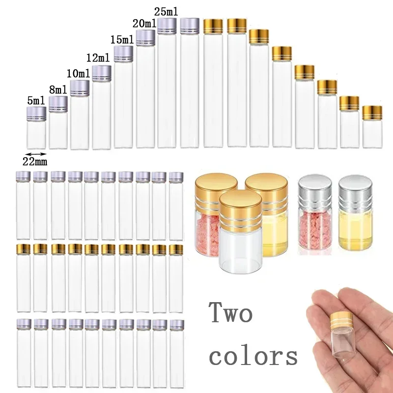 100Pcs 5ml-25ml Min Glass Test Tubes Bottles With Aluminum Lid Clear Flat Bottom Candy Storage Containers For DIY Wedding Gifts