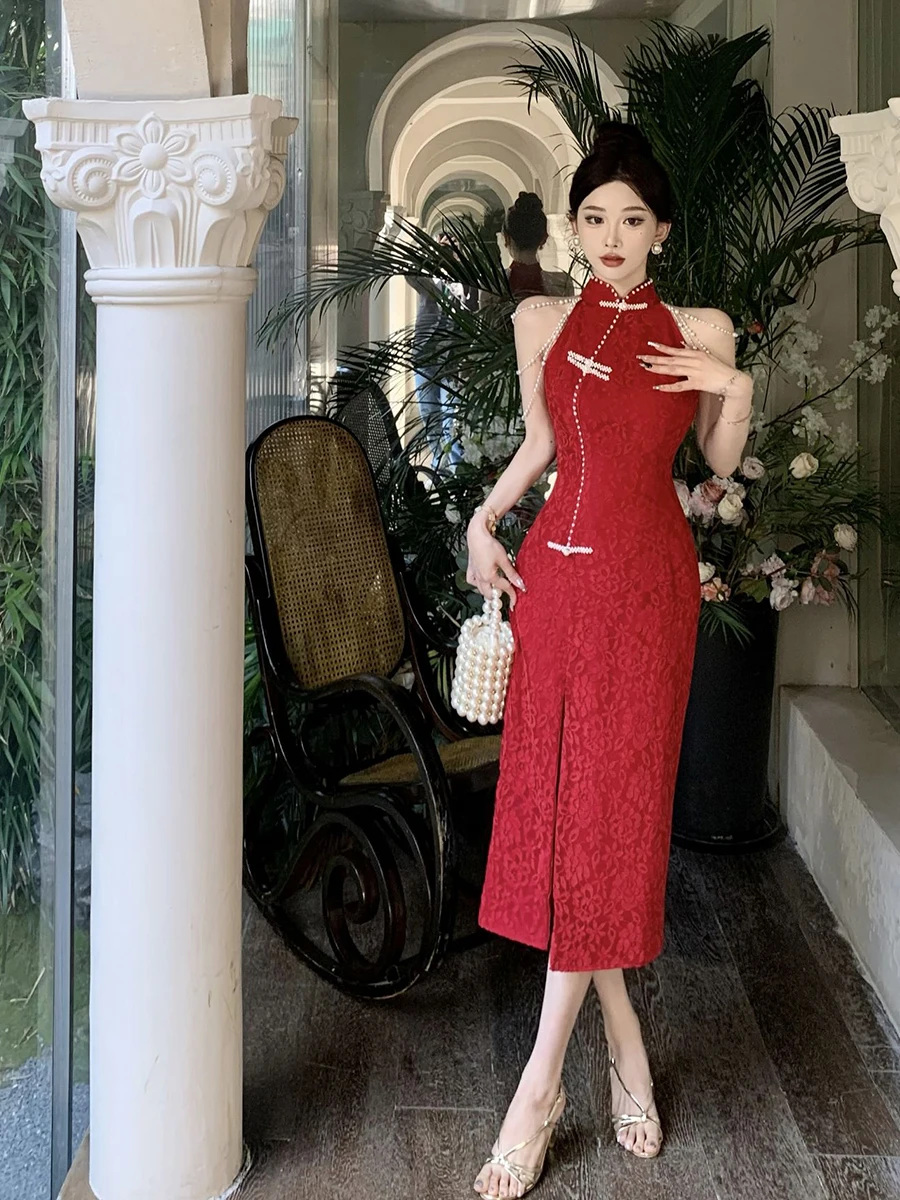 Reddachic chinesisches rotes Party kleid mit Perlenkette Frauen lange abgeteilte schulter freie Blumen spitze Cheong sam elegante Sommerkleid ung