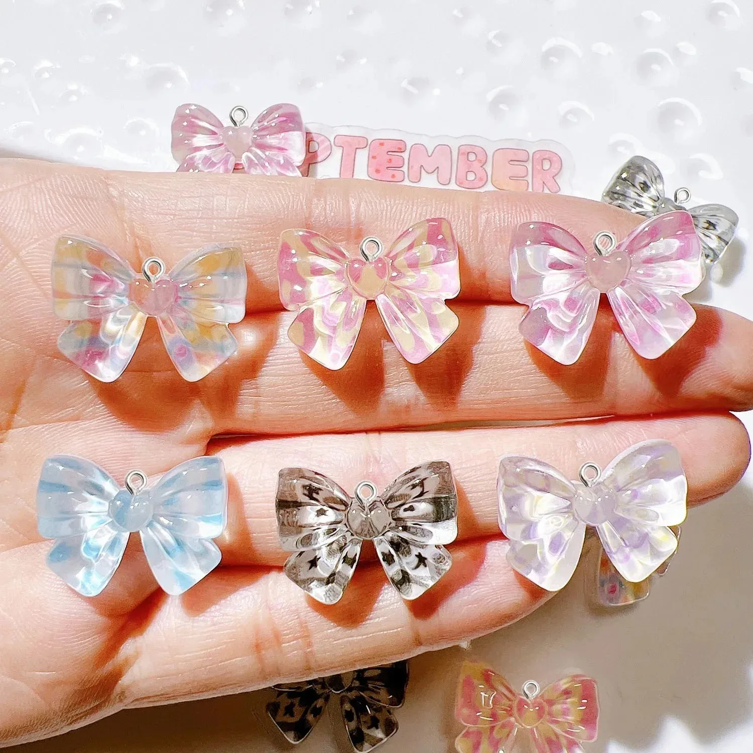 10Pcs Lovely Color Bow Resin Pendants Kawaii DIY Craft Accessories for Earrings Necklaces Keychains