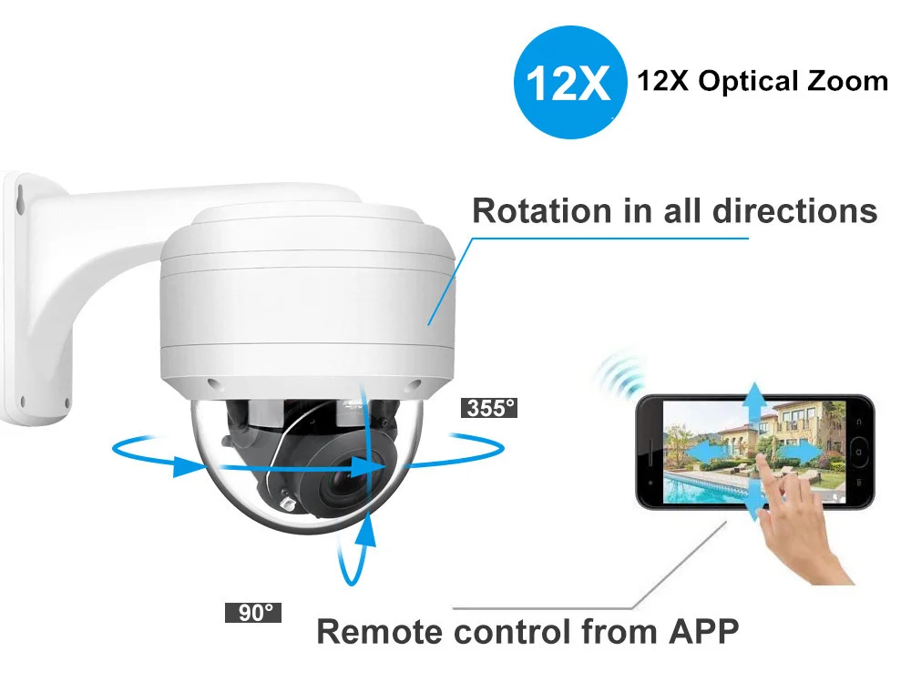 Cámara de seguridad PTZ 5MP 12X Zoom IP POE exterior/interior impermeable IP66 visión nocturna con Audio micrófono incorporado H.265 P2P