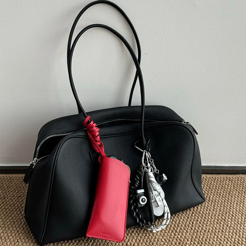 Black Soft Leather Boston Tote Bag 2026 New Arrival, Premium Niche Large Capacity Shoulder Handbag for Women