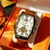 Montre mécanique automatique haut de gamme pour homme, de forme tonneau, design squelette avec fond transparent, bracelet en cuir, montre-bracelet tendance rétro lumineuse et étanche, style polyvalent pour le quotidien professionnel, montre mécanique pour homme au style urbain unique, montre-bracelet de luxe polyvalente et élégante pour homme, choix de cadeau idéal 5