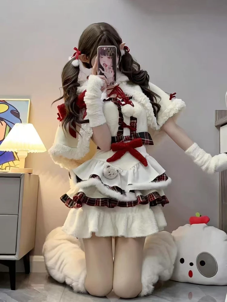 عيد الميلاد الحلو Kawaii لوليتا 2 قطعة مجموعة المرأة لطيف عباءة منقوشة المرقعة فستان منفوش موضة جديدة الجنية ملابس الشتاء الطرف