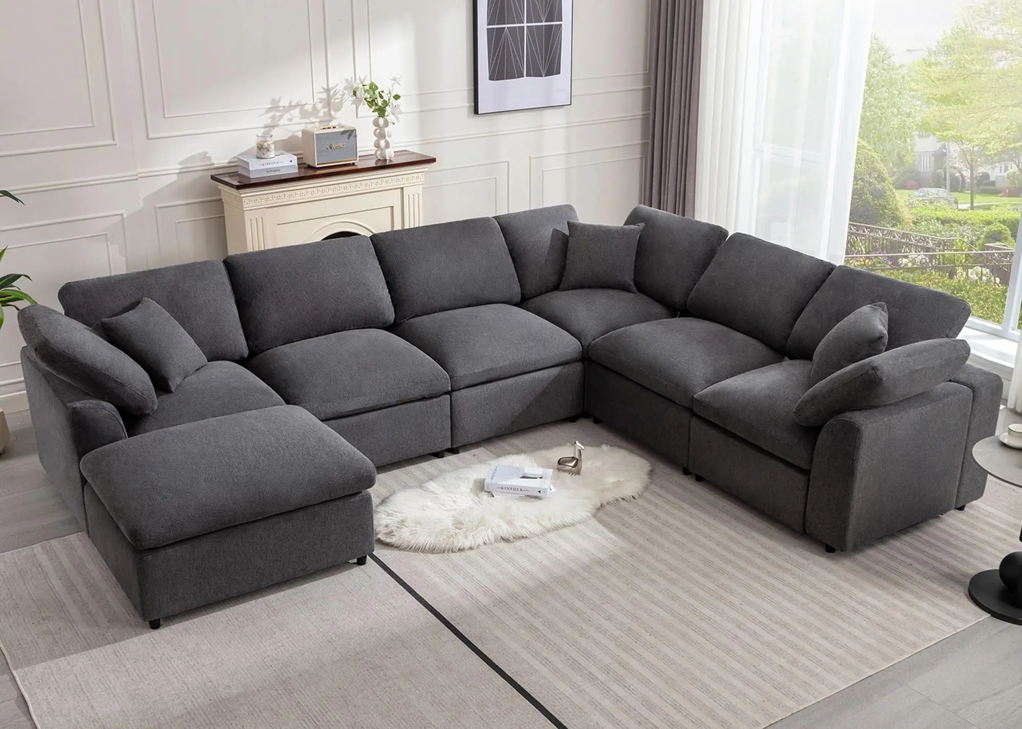 Sectional Sofa Modern Oversized Cloud Couch with Movable Ottoman 7 Seater L-Shaped Sofas Comfy Couches for Living Room