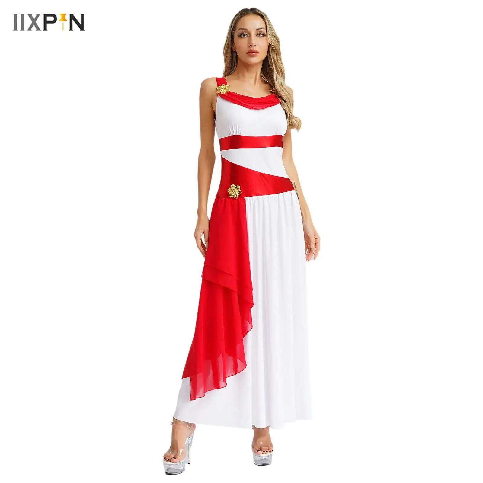 

Women Ancient Grecian Queen Cosplay Costume Sleeveless Flower Decro Color Block Chiffon Dress Halloween Party Role Play Costume