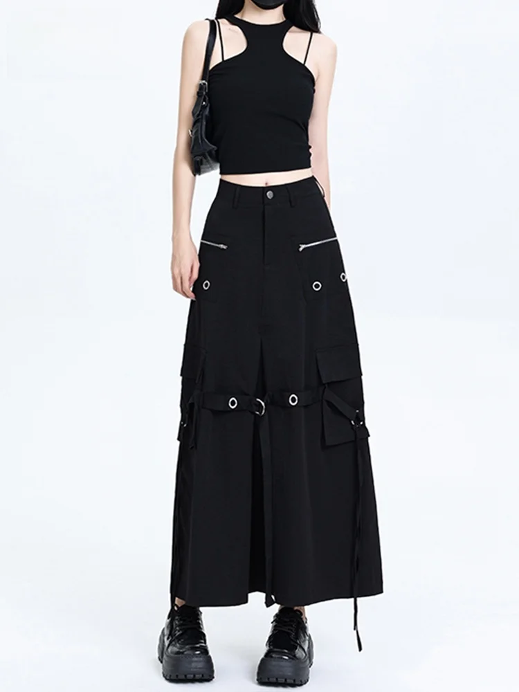 

Черная женская юбка миди А-силуэта с высокой талией для работы, летняя, новый дизайн, уникальная, универсальная, повседневный стиль, с карманами