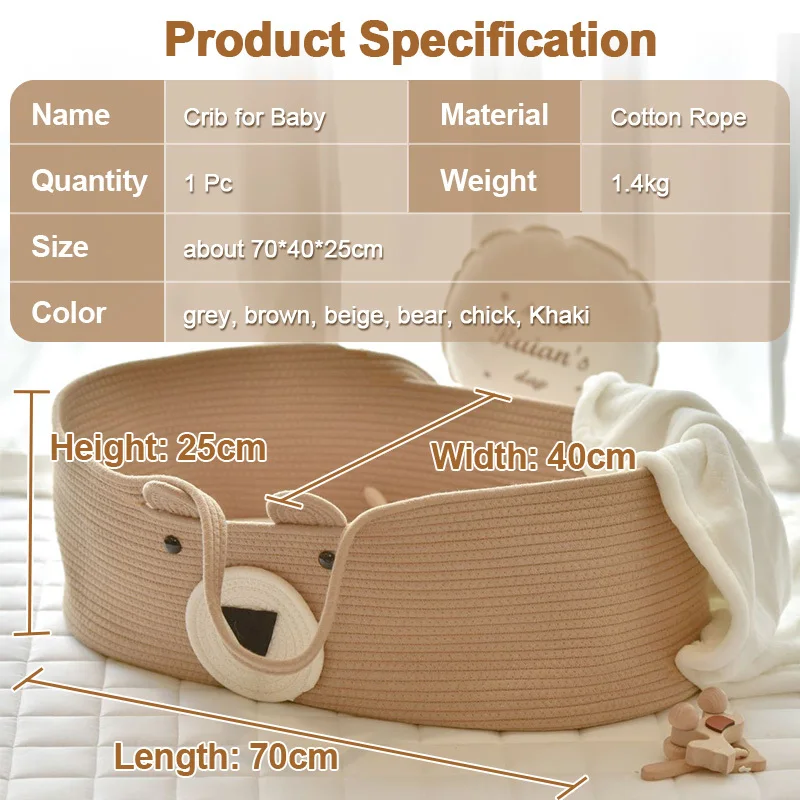 Portable Set Cot Cradle Crib Bed Newborn Woven Rope Removable Foldable Handle Baby Basket Travel Outdoor Bed Gift for Newborn