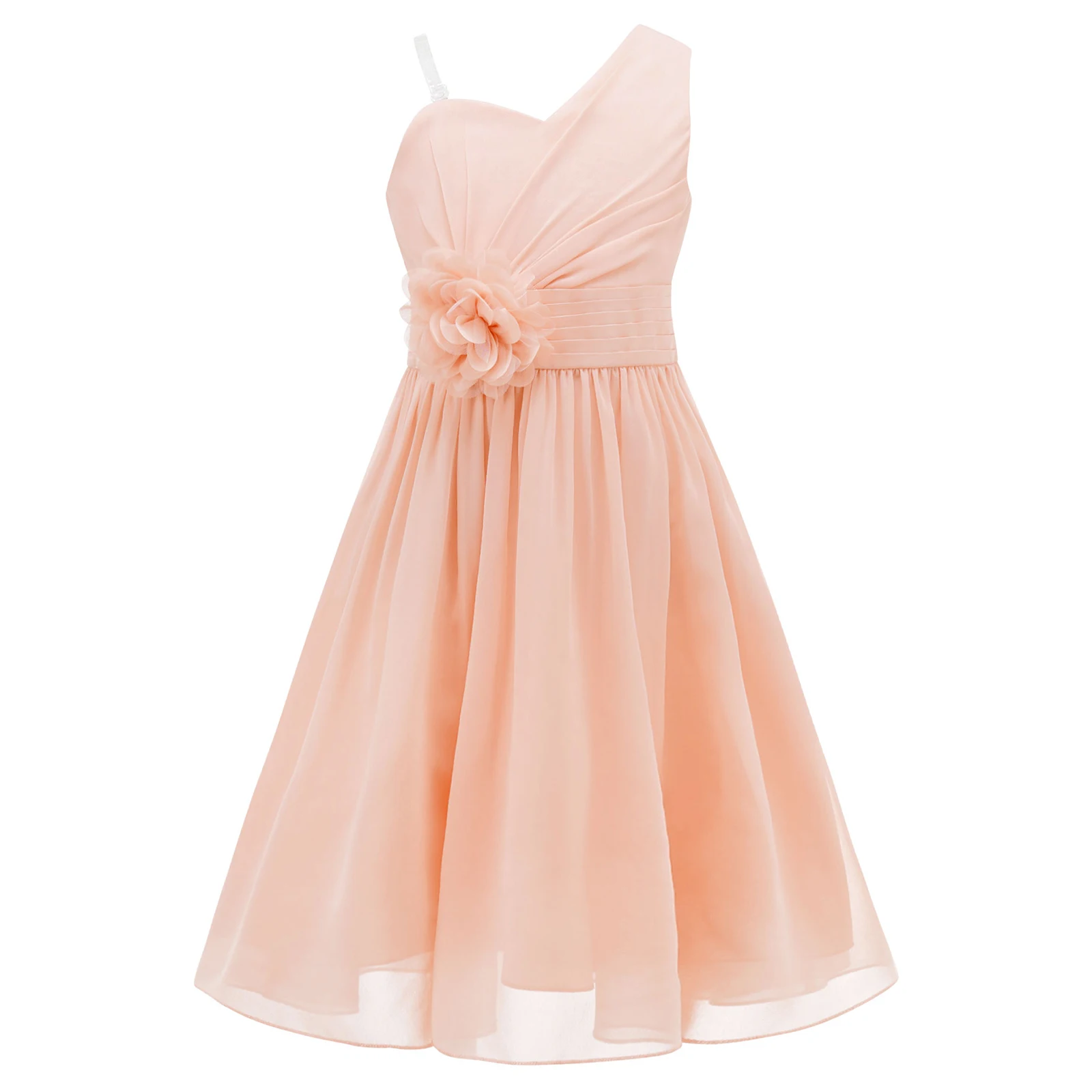 Junior Bridesmaid ชุดชีฟองไหล่ Ruffle ดอกไม้ Princess Dresses ประกวดงานแต่งงานดอกไม้ชุดสาว