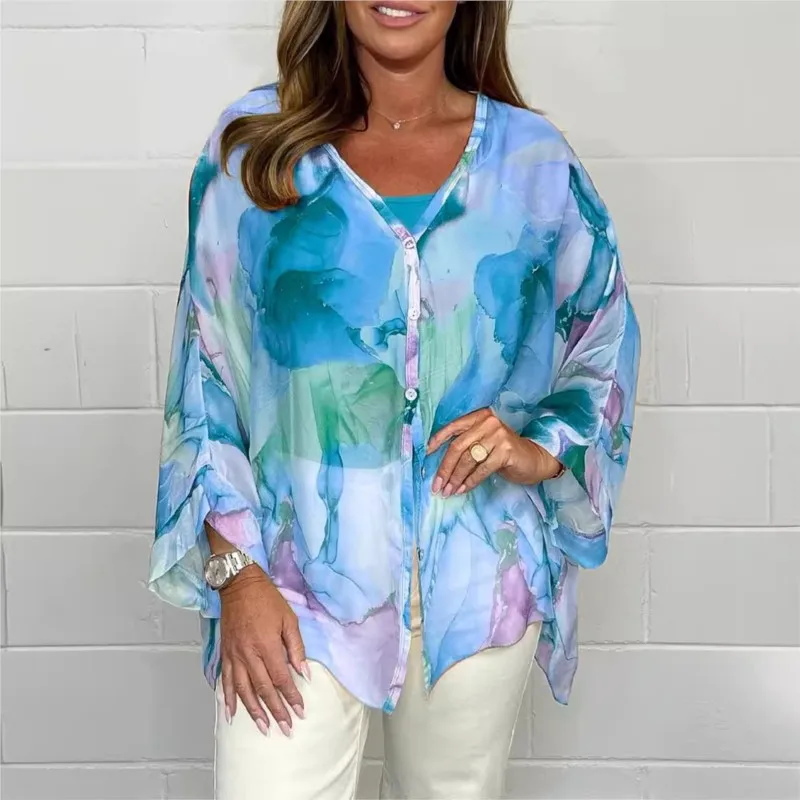 Elegant Women Boho Print Shirt Tops 2024 New Fashion Loose Button Long Sleeves Chiffon Casual Temperament V-neck Ladies Clothes