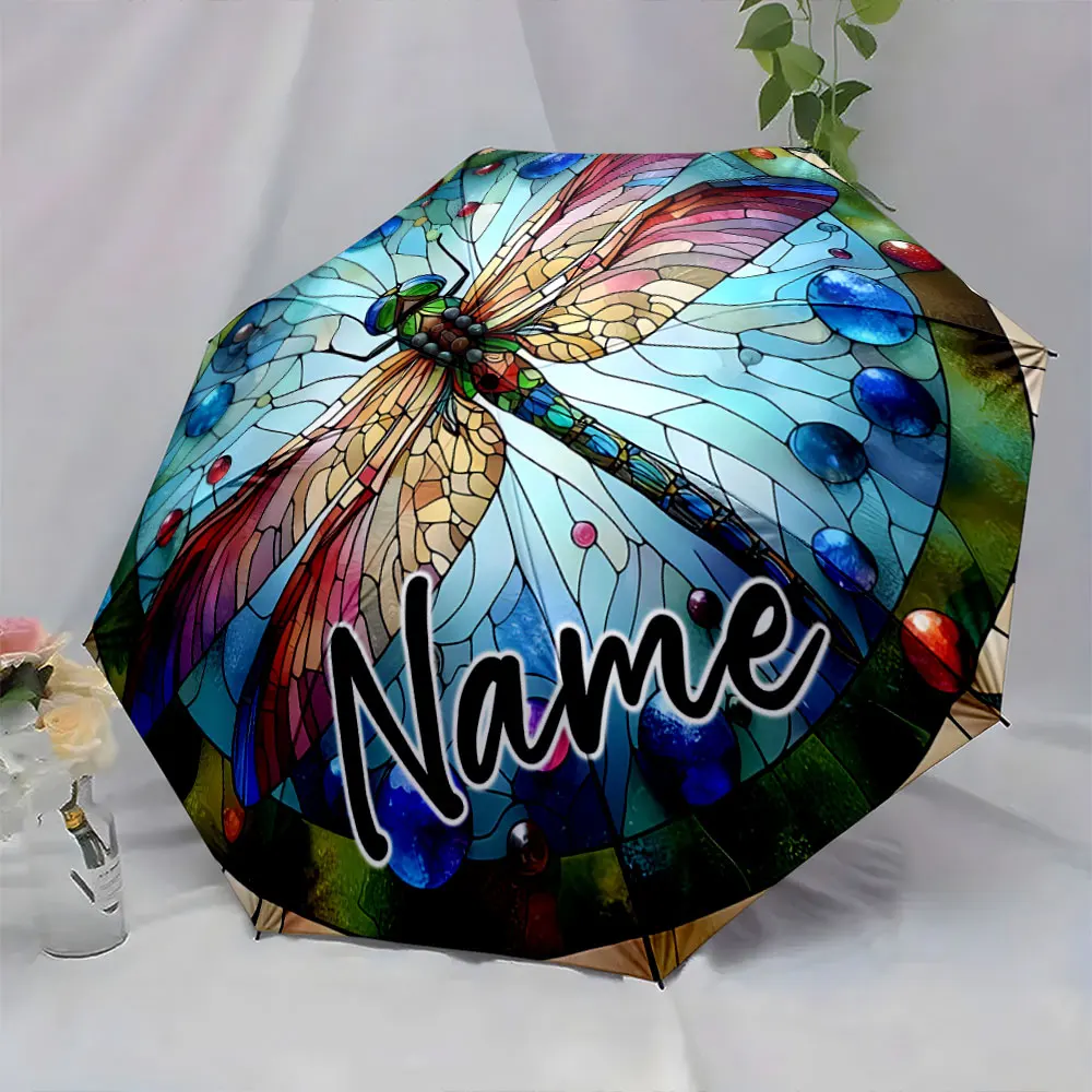 Custom Name Artistic Dragonfly Umbrella Design 8 Iron Ribs Folding Umbrella Auto-Open Fashionable Sunshade Deluxe Gift