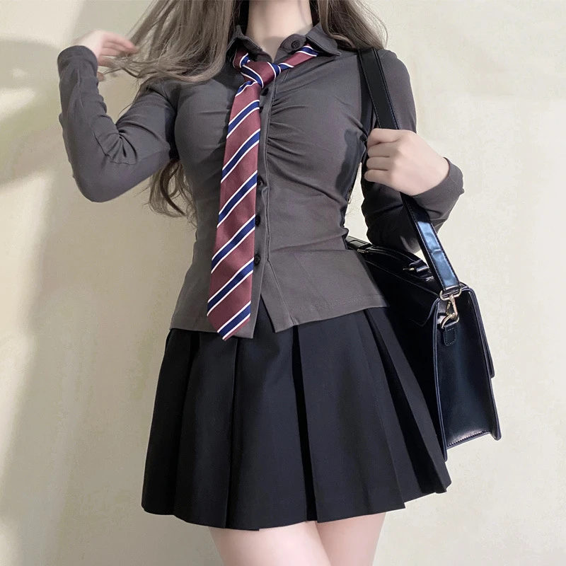 Women's Grey Slim Fit Long Sleeve Blouse Sexy Basic Tunic Vintage School Shirt Casual Uniform Top for Girls Summer 3XL