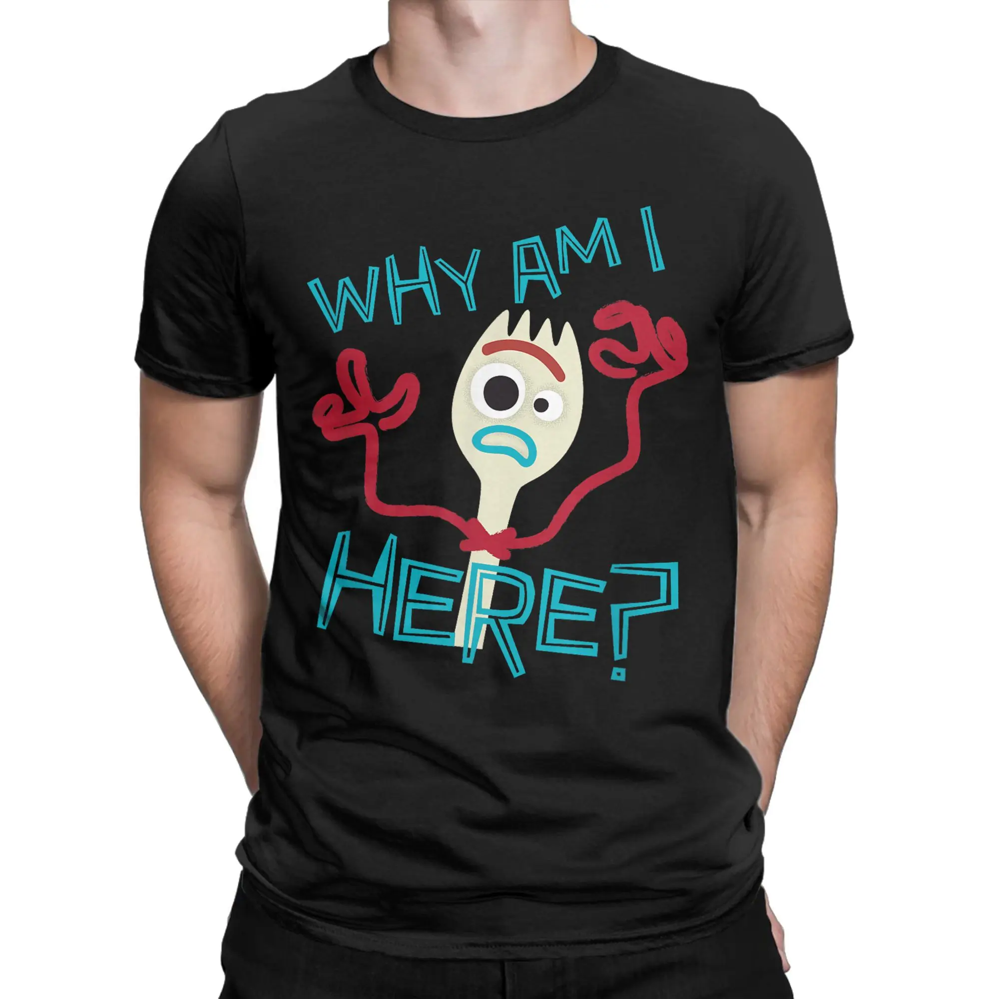 

Toy Story 4 Cute Forky Why Am I Here Logo T-Shirts for Men Novelty Cotton Tees Round Neck Short Sleeve T Shirt Unique Clothes