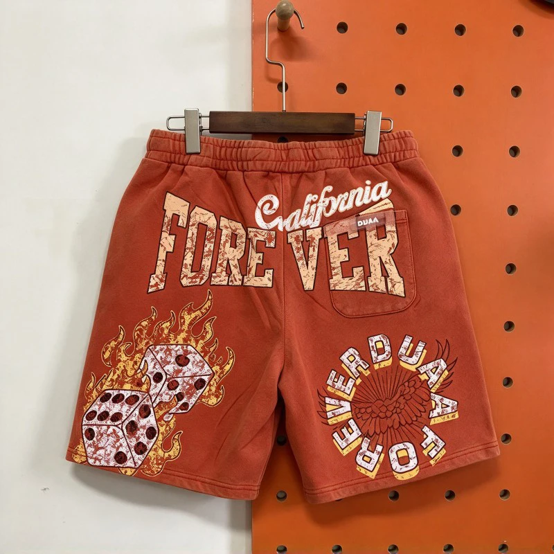 Vintage Washed Worn Red DUAA Pants Rhinestone Letters Fire Dice Graffiti Mottled Print Men Women Cotton Drawstring Sports Shorts