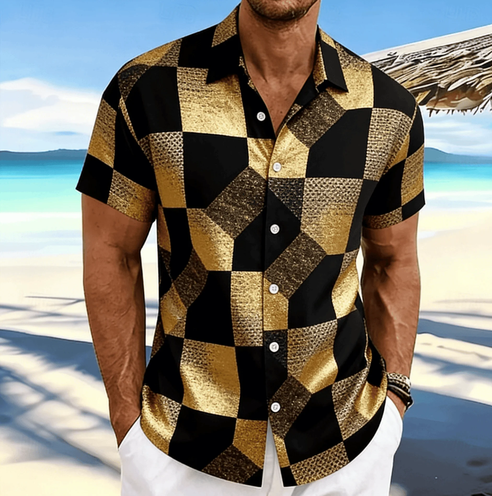 Men's Luxury Black Gold Swirl Line Print Short Sleeve Lapel Shirt Summer Beach Party Mens Clothing