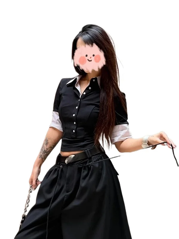 American Sle faux deux pièces Ne T-irt femmes été nouveau Faion minceur couleur Blo ort Sve Design haut