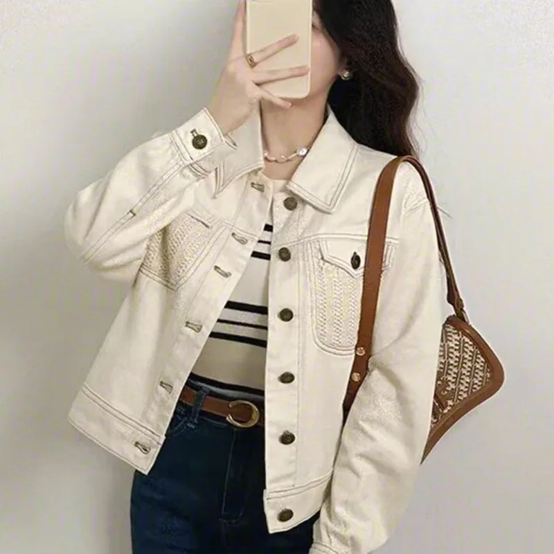 

Women Denim Jackets Fashion Pockets Single Breasted Jeans Coats Vintage Lapel Neck Long Sleeve Female Chic Lady Outfits