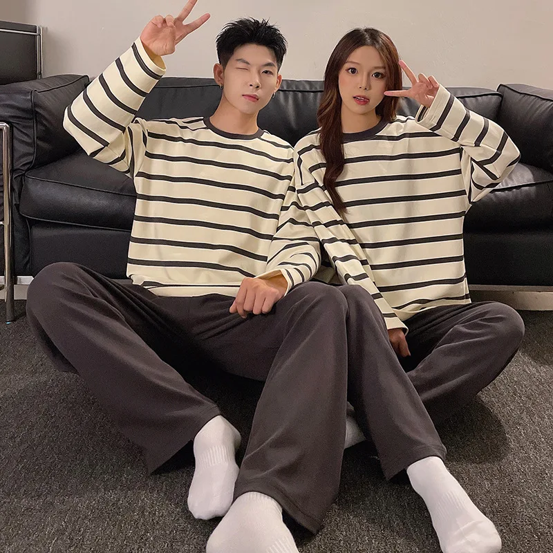 Striped Long Sleeve Sleepwear Couple Men and Women Matching Home Set Cotton Leisure Nightwear Pajamas for Spring pijama mujer