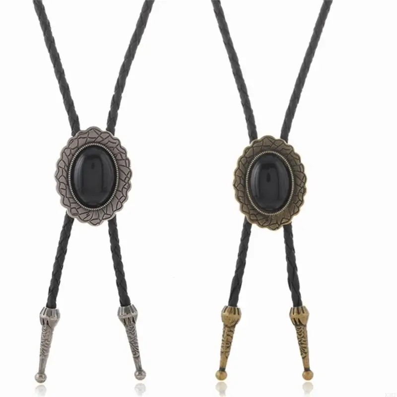 

K3KF Premium Leather Cord Necklace With Golden Detail Bolo Tie Design