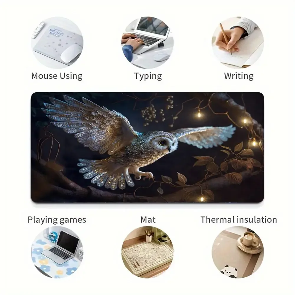 Owl spreading wings pattern mouse pad, anti-slip lock edge thickened computer pads, office game large deskpad, pc accessory